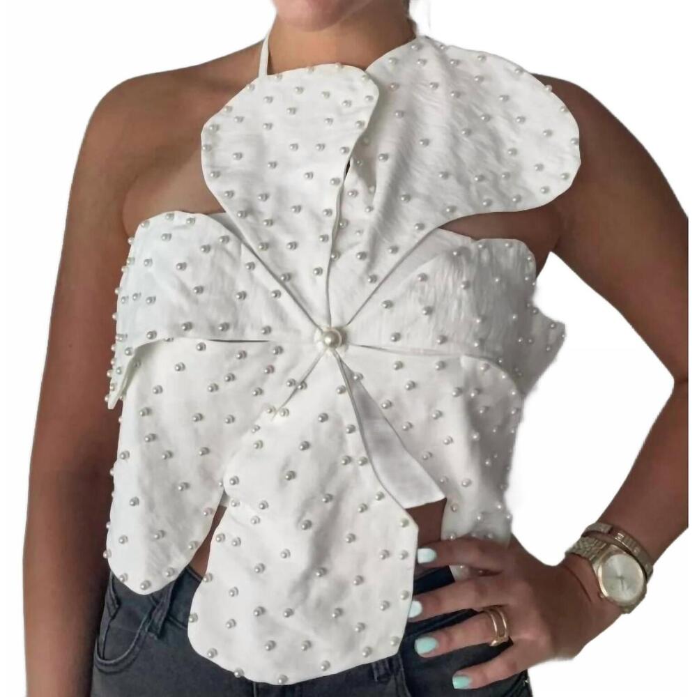 NEW NYLON APPAREL pearl detail halter crop top in white